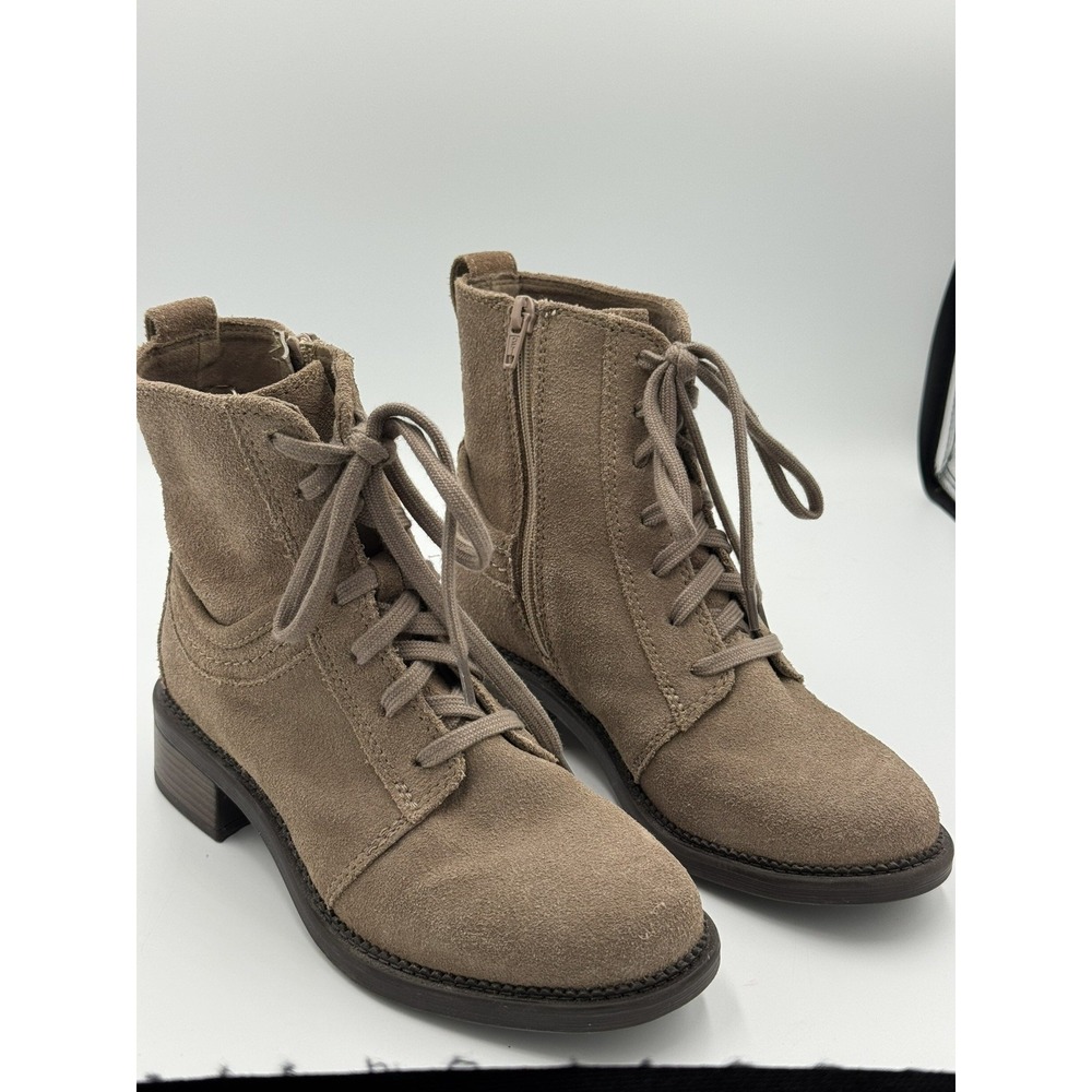 Clarks Womens Maye Step Suede Oxford Boot Mushroom beige with side zip 6 Wide